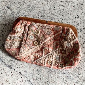 Star Mela Clutch Purse Pink Wooden Boho Embroidery